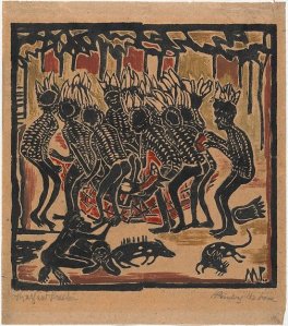 Kangaroo dance and pointing the bone. Margaret Preston. 1957